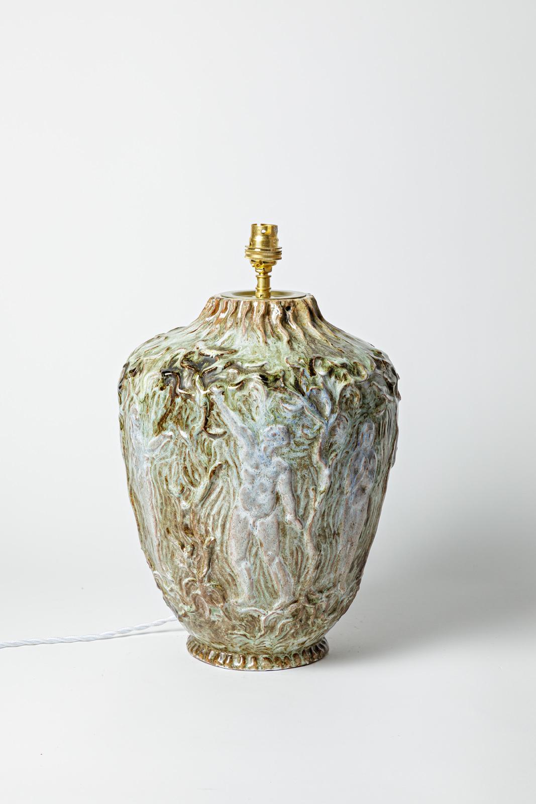 Ceramic large art deco XXth century ceramic table lamp adam & eve decoration 1950 For Sale