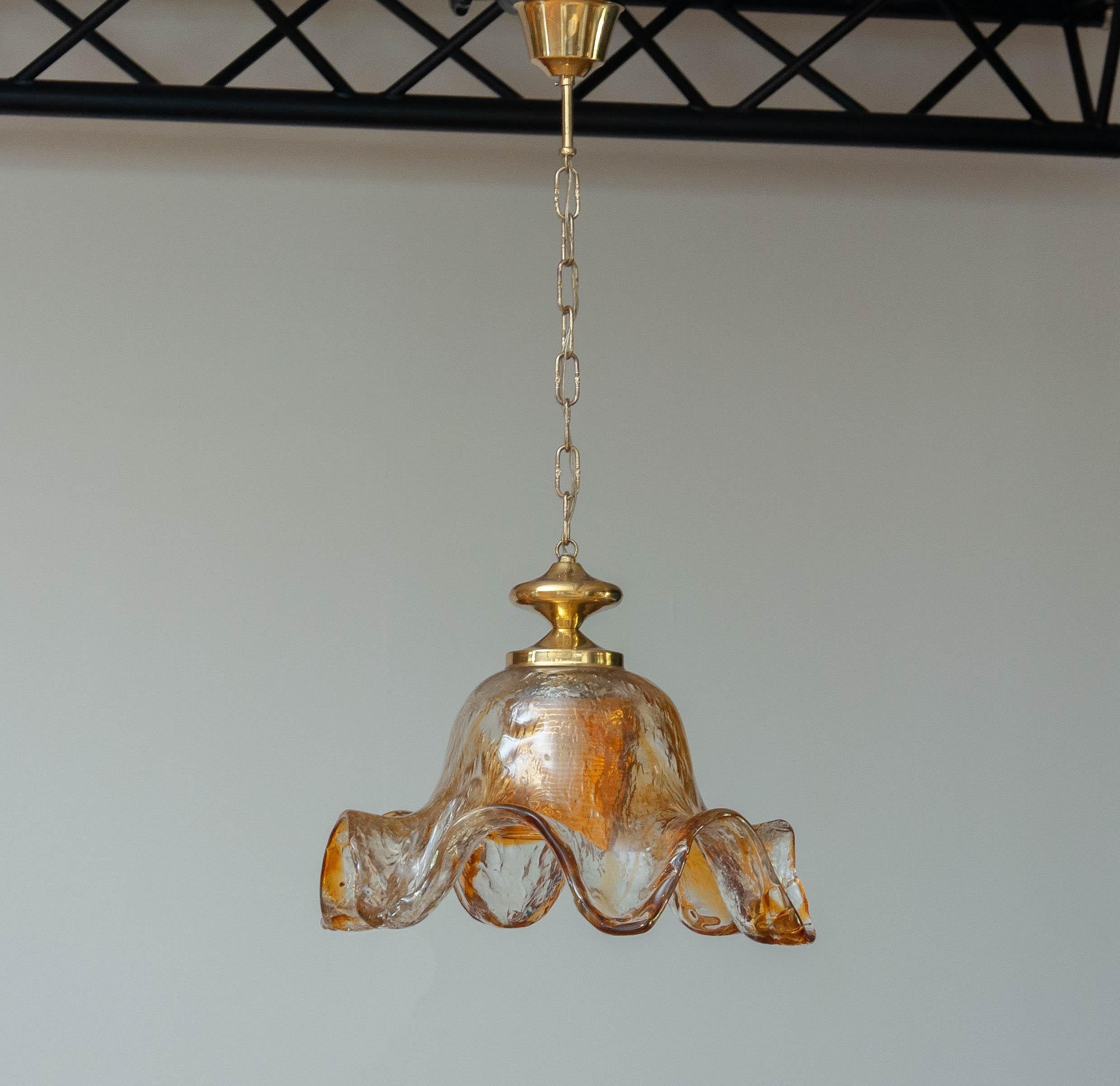 Brass Large Art Glass Chandelier Designed By Pertti Santalahti For Humppila Norway
