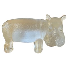 Large Art Glass Hippo Paperweight / Sculpture in the Style of Kosta Boda Sweden