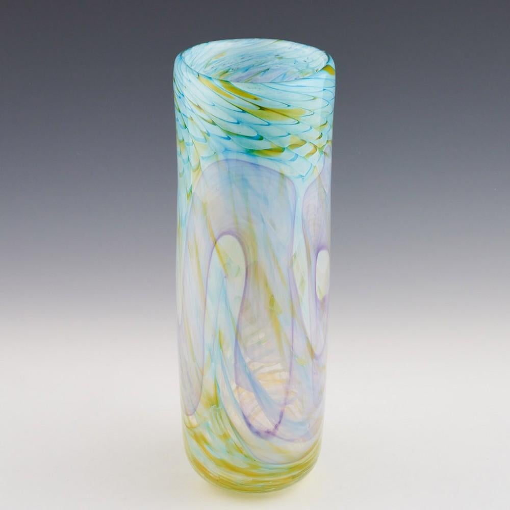 Heading : Large Art Glass Vase
Date : millennial
Origin : Probably Teign Valley glass, Devon
Bowl Features : rectangular in profile, oval in section with a wide open mouth
Marks : none
Type : turquoise, white and yellow trailing over clear grounds