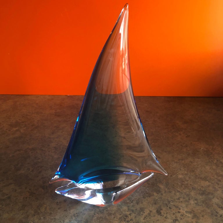 Mid-Century Modern Large Art Glass Sommerso Sailboat Sculpture by Murano Glass