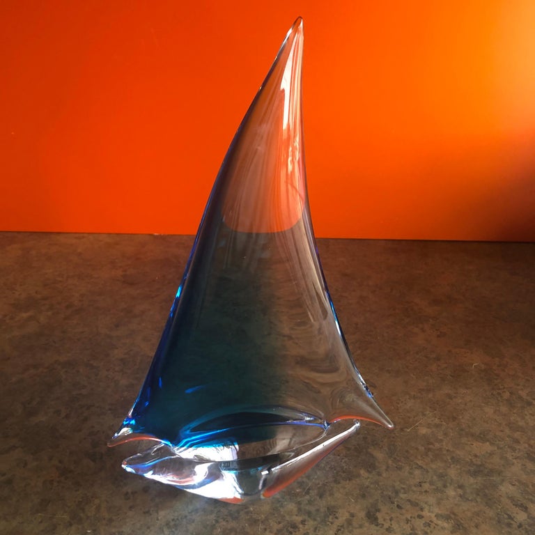 Italian Large Art Glass Sommerso Sailboat Sculpture by Murano Glass