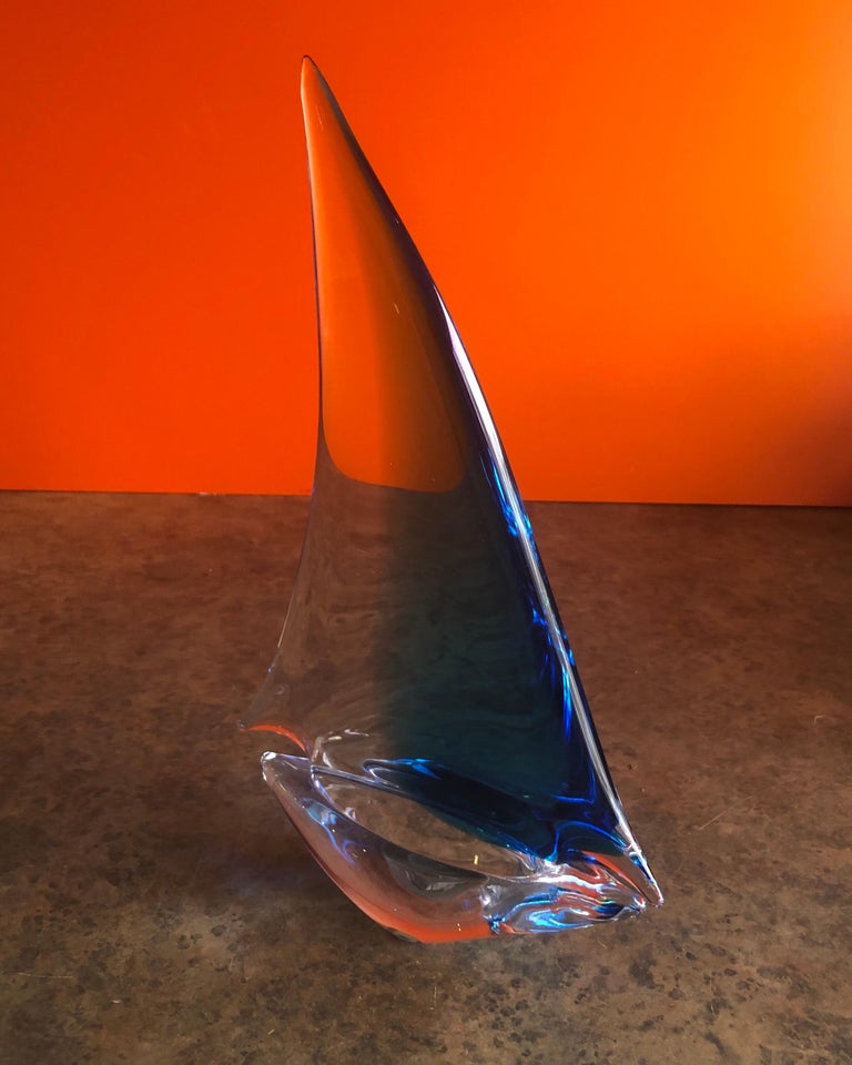 20th Century Large Art Glass Sommerso Sailboat Sculpture by Murano Glass