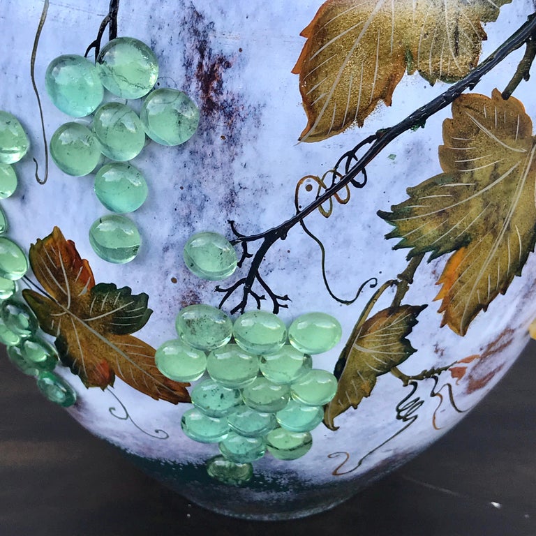 Large Art Glass Vase with Applied Grapes, after Daum Nancy For Sale 7