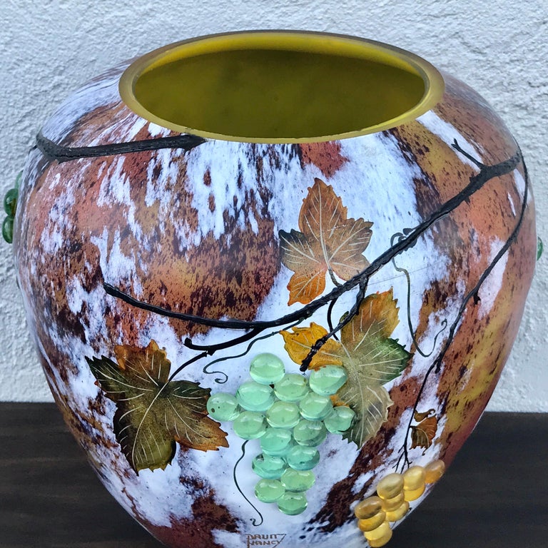 Art Nouveau Large Art Glass Vase with Applied Grapes, after Daum Nancy For Sale