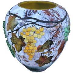 Vintage Large Art Glass Vase with Applied Grapes, after Daum Nancy
