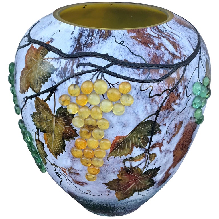 Large Art Glass Vase with Applied Grapes, after Daum Nancy For Sale