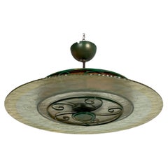 Large Art Glass & Wrought Iron Pendant Light, Attributed to Bjerkås