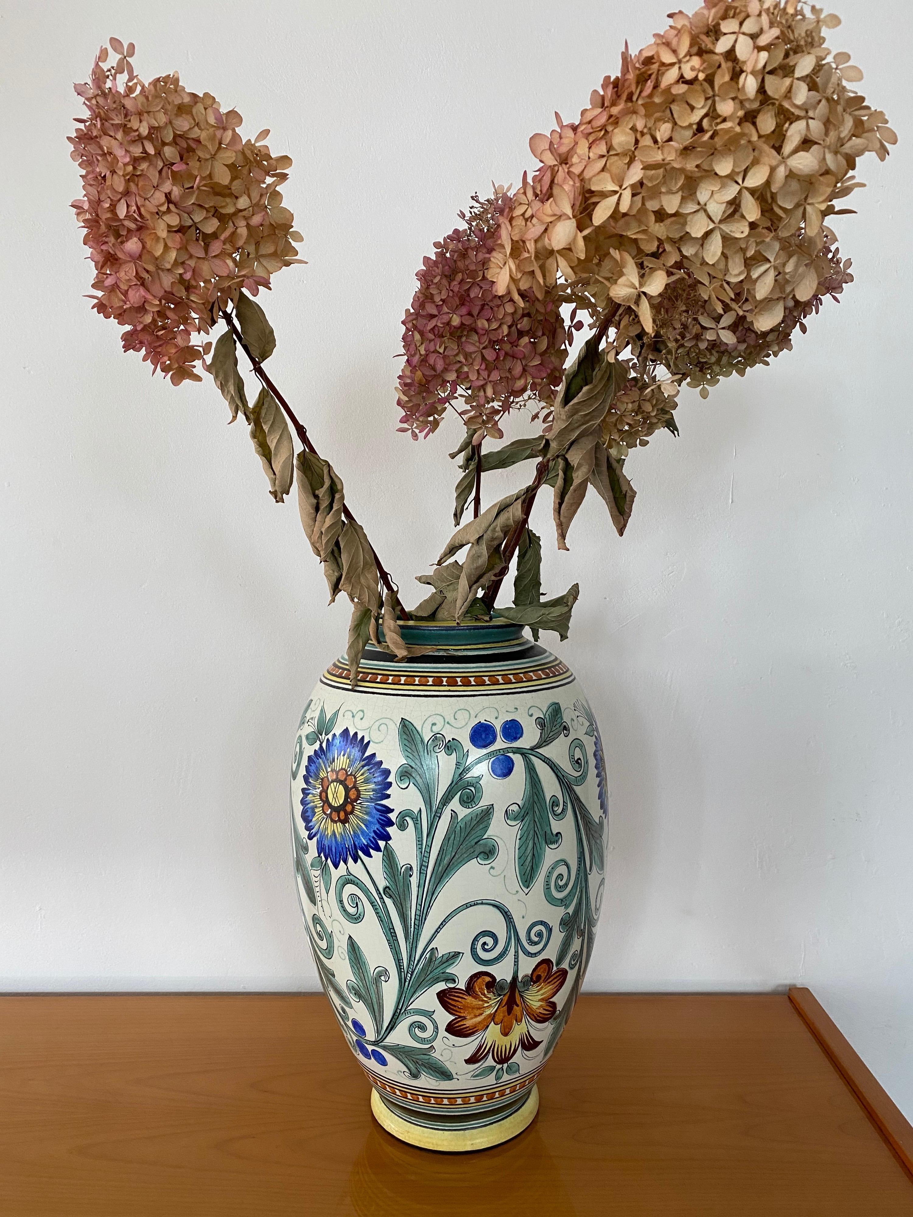 Molded Large Art Gouda Ceramic Flower Pattern Vase, 1930s
