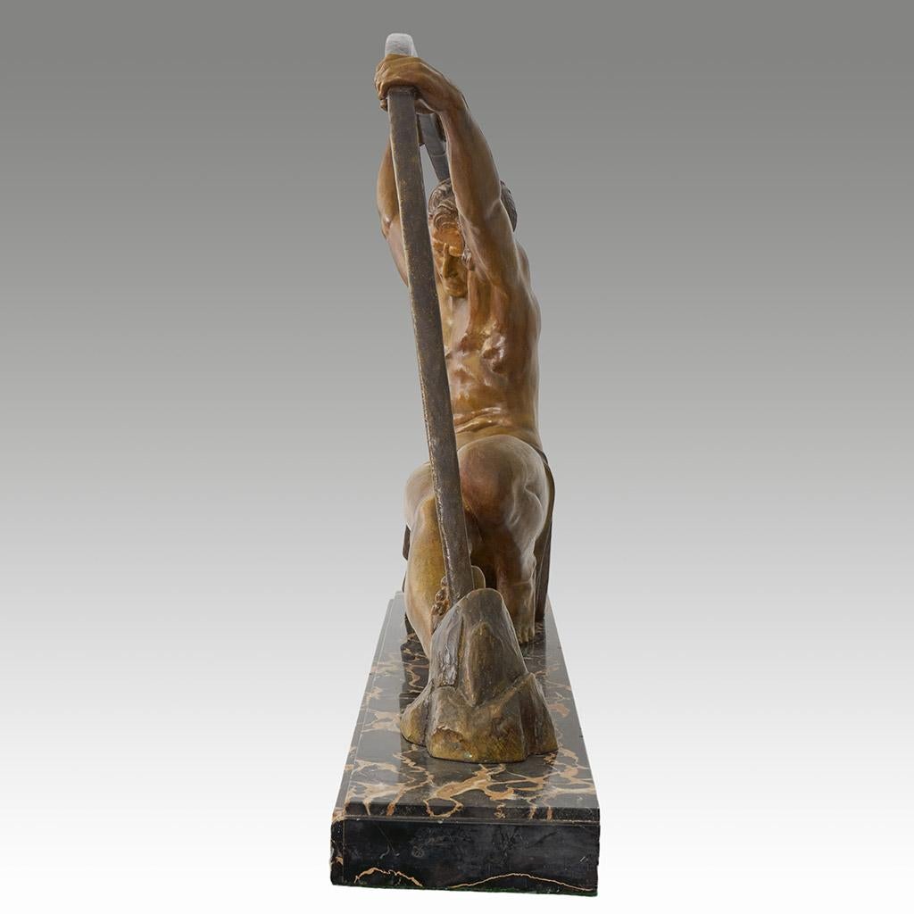 Art Deco Large Art Metal Sculpture by Chiparus of an Athletic Man Bending a Metal Bar For Sale