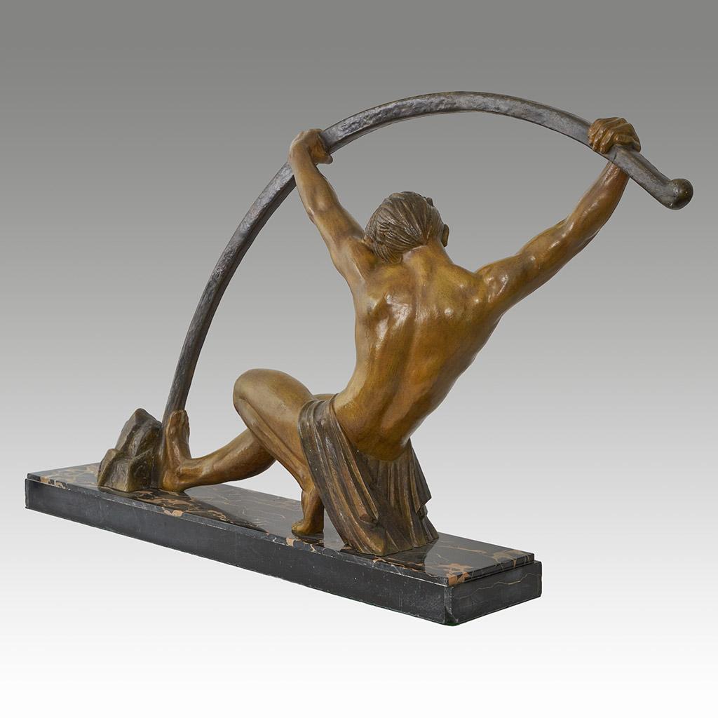 Early 20th Century Large Art Metal Sculpture by Chiparus of an Athletic Man Bending a Metal Bar For Sale