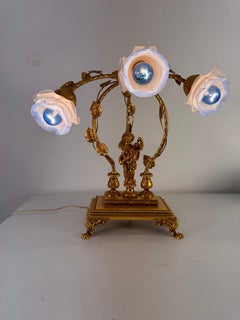 Große 3-flammige Tischlampe im Jugendstil aus vergoldeter Bronze und Murano-Glas, 1980er Jahre