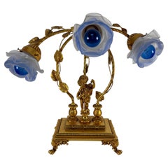 Große 3-flammige Tischlampe im Jugendstil aus vergoldeter Bronze und Murano-Glas, 1980er Jahre