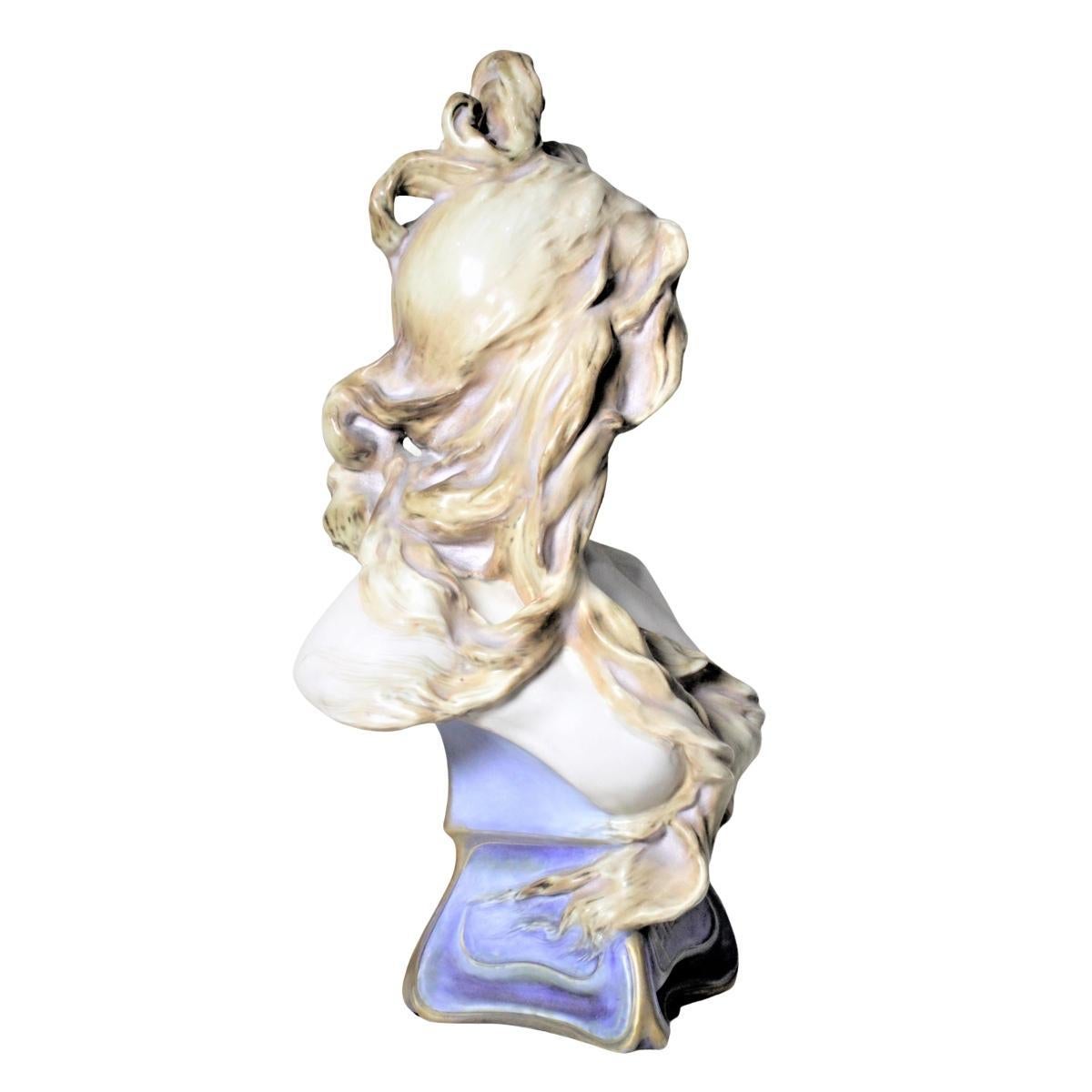 Hand-Painted Large Art Nouveau Amphora Teplitz Porcelain Female Bust 
