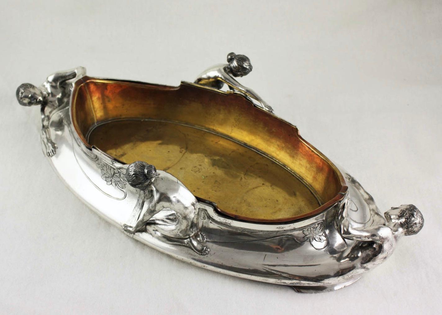 Large Art Nouveau Bowl, Silver Plated Tin, Floral Design, circa 1900 In Good Condition In Vienna, AT