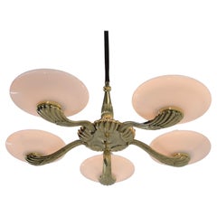 Large Art Nouveau Brass and Glass Chandelier, 1910s, Restored