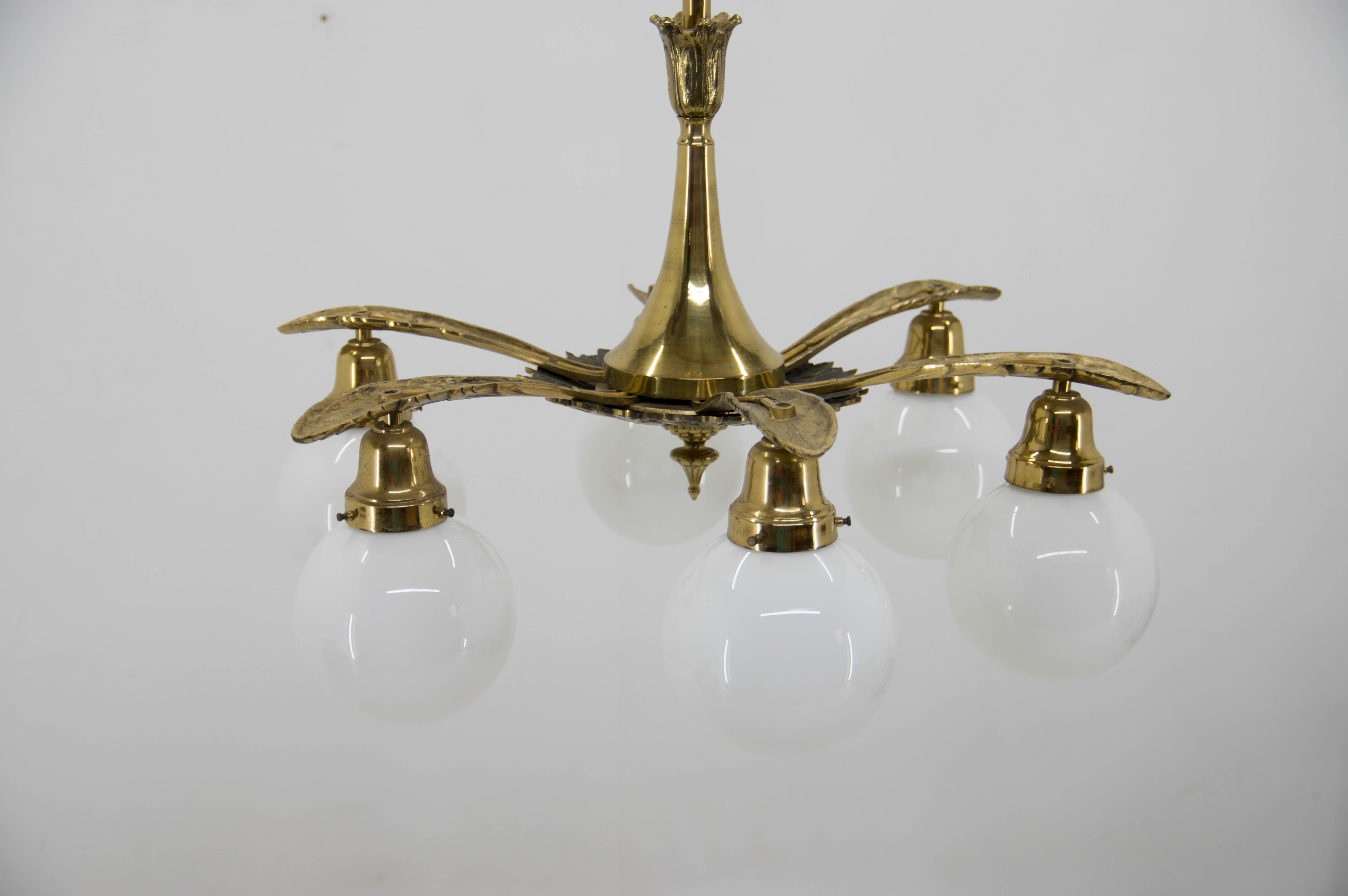 Large Art Nouveau Brass and Glass Chandelier 1