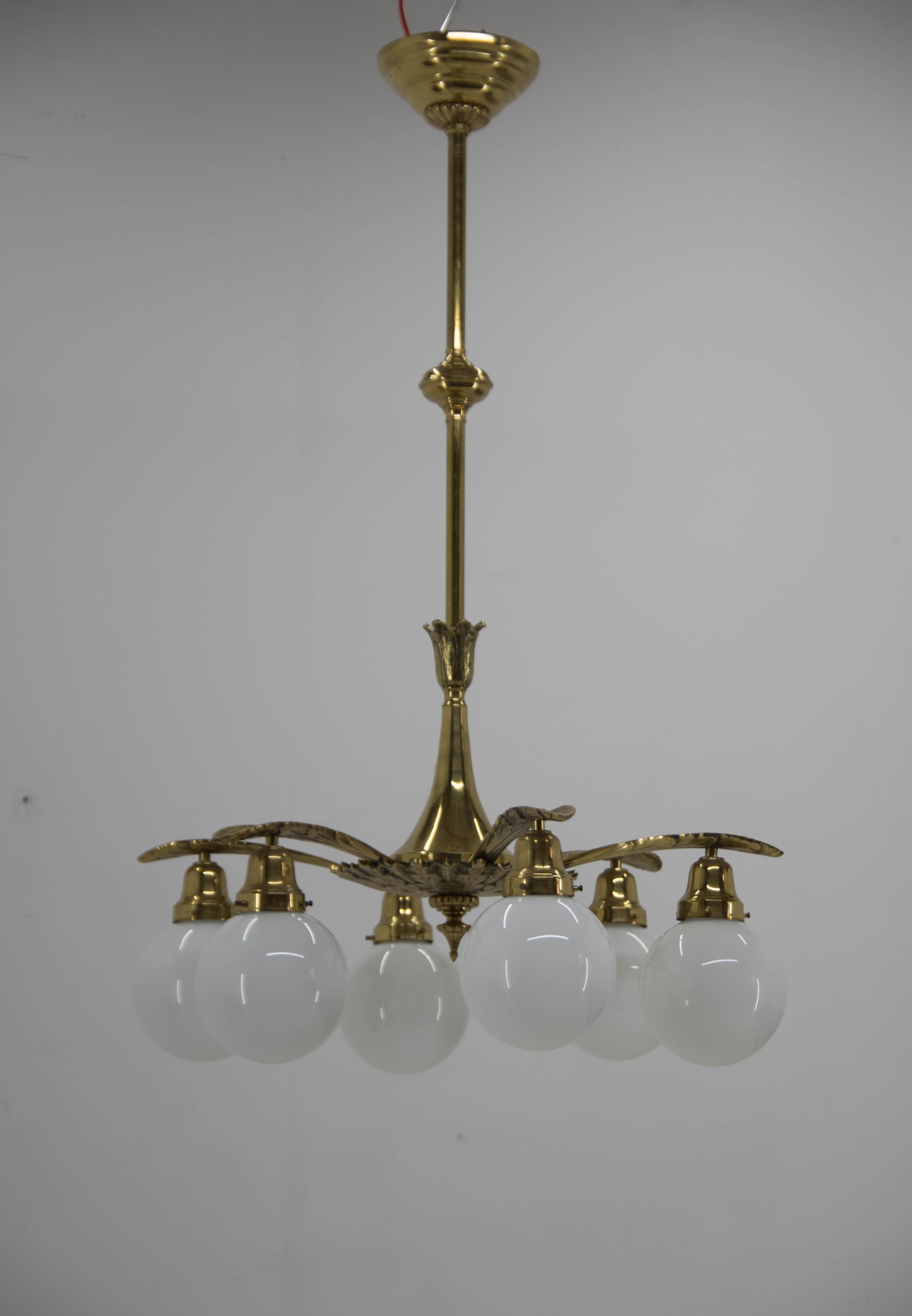 Large Art Nouveau Brass and Glass Chandelier 2