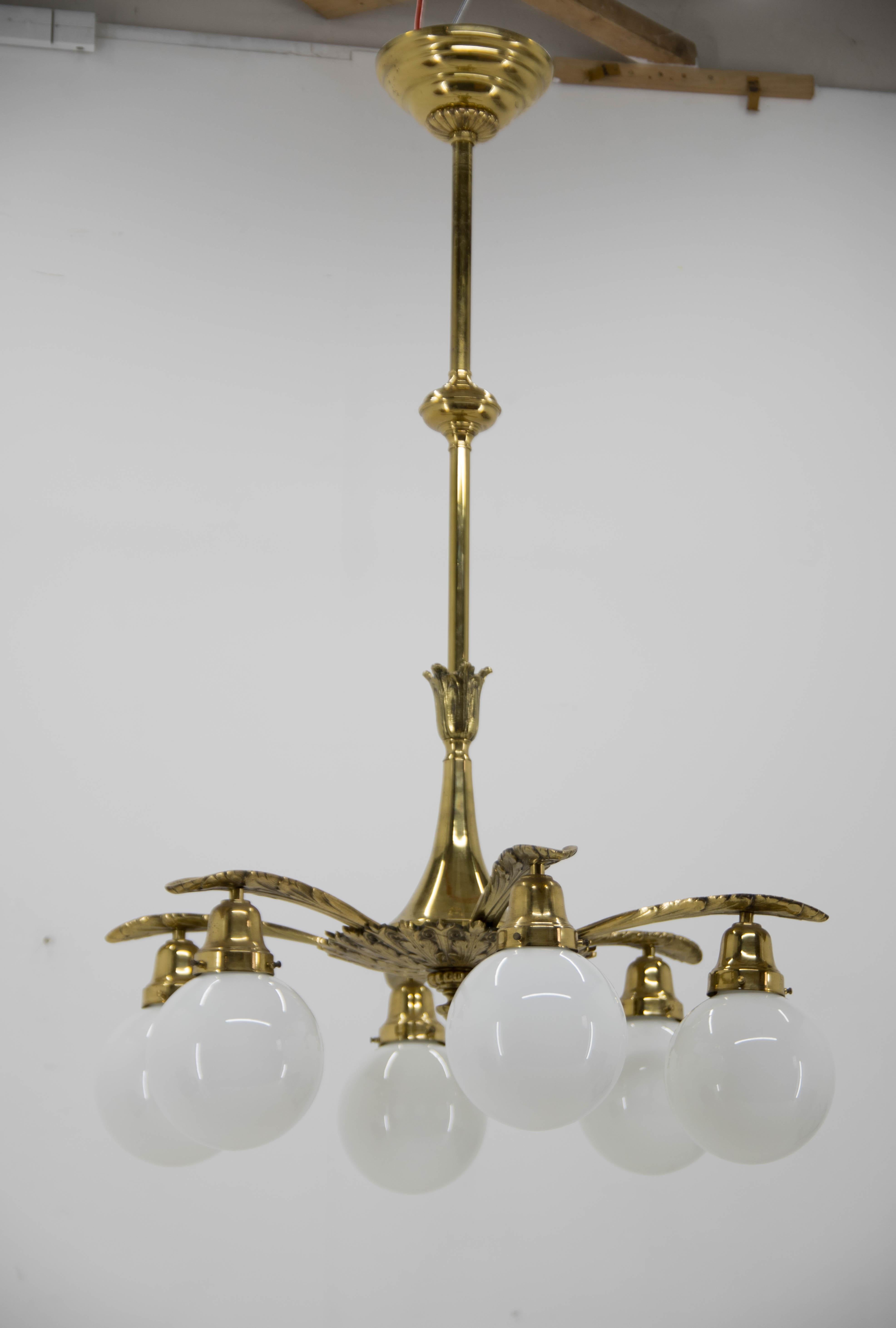 Large Art Nouveau Brass and Glass Chandelier 3