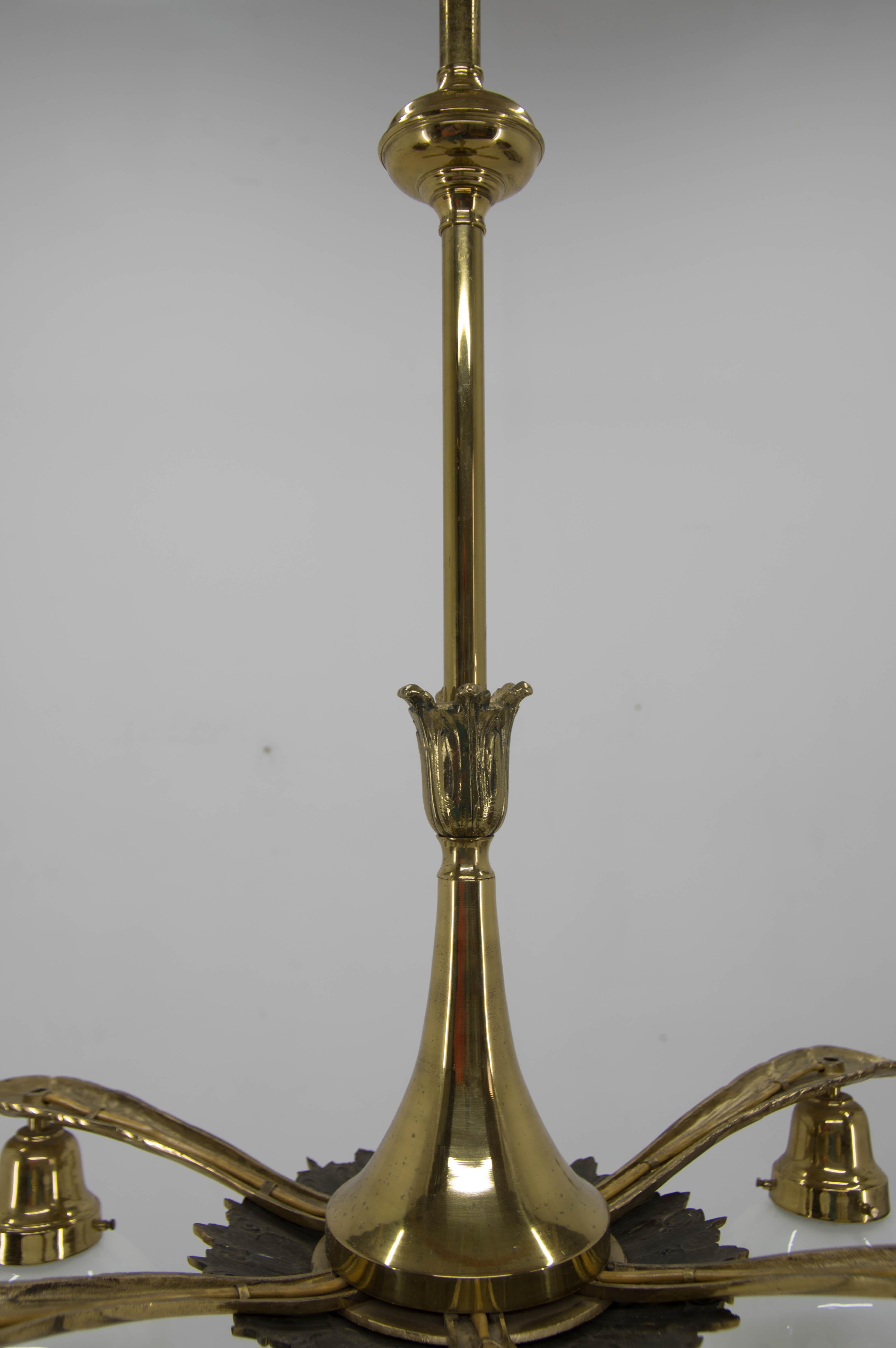 Large Art Nouveau Brass and Glass Chandelier 4