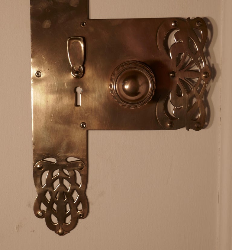 Large Art Nouveau Brass Front Door Plate with Knob and Escutcheon at