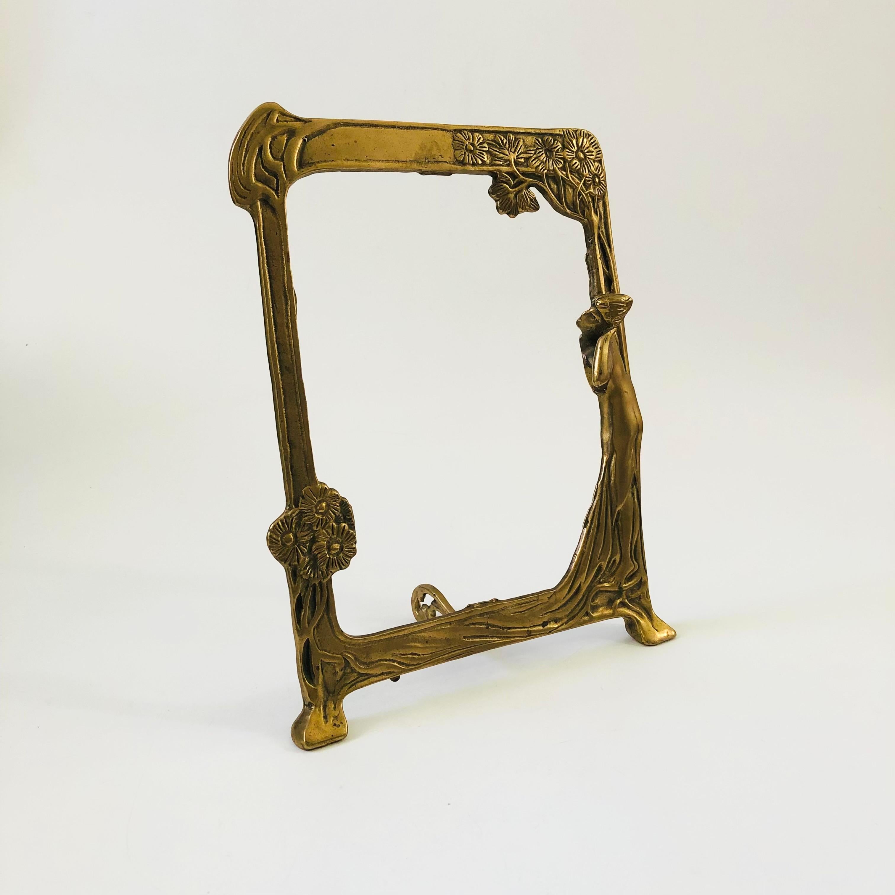 Large Art Nouveau Brass Lady of the Lake Picture Frame In Good Condition In Vallejo, CA