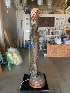 Large Art Nouveau Bronze Alloy Female Nymph Scupture Lamp by Julien Caussé