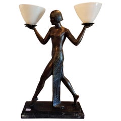 Vintage Large Art Nouveau Bronze Can Can Girl Lamp with Shades Signed on Reverse