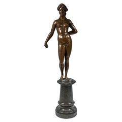 Large Art Nouveau Bronze Figure, Nude On Marble Pedestal, Vienna Ca 1900