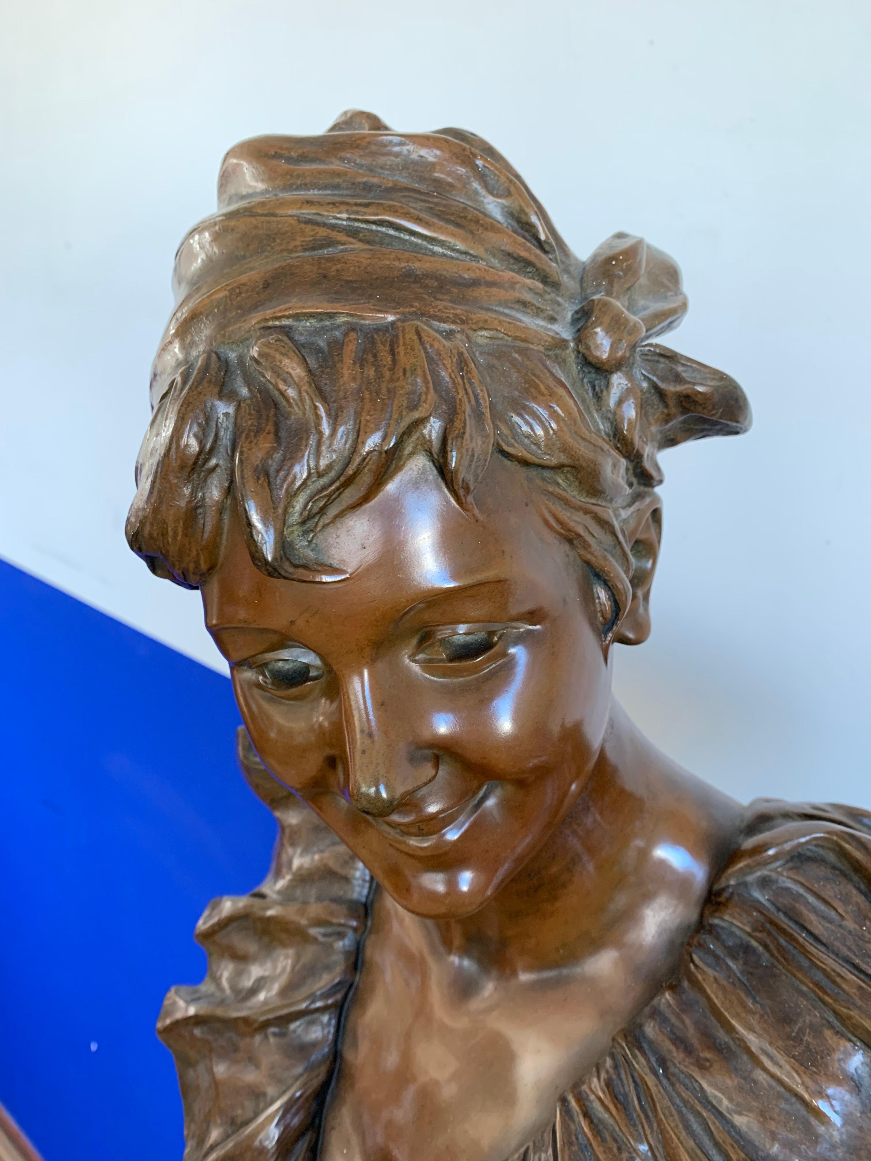 Grande sculpture de buste de femme en bronze Art Nouveau de Georges Van der Straeten, Paris en vente 7