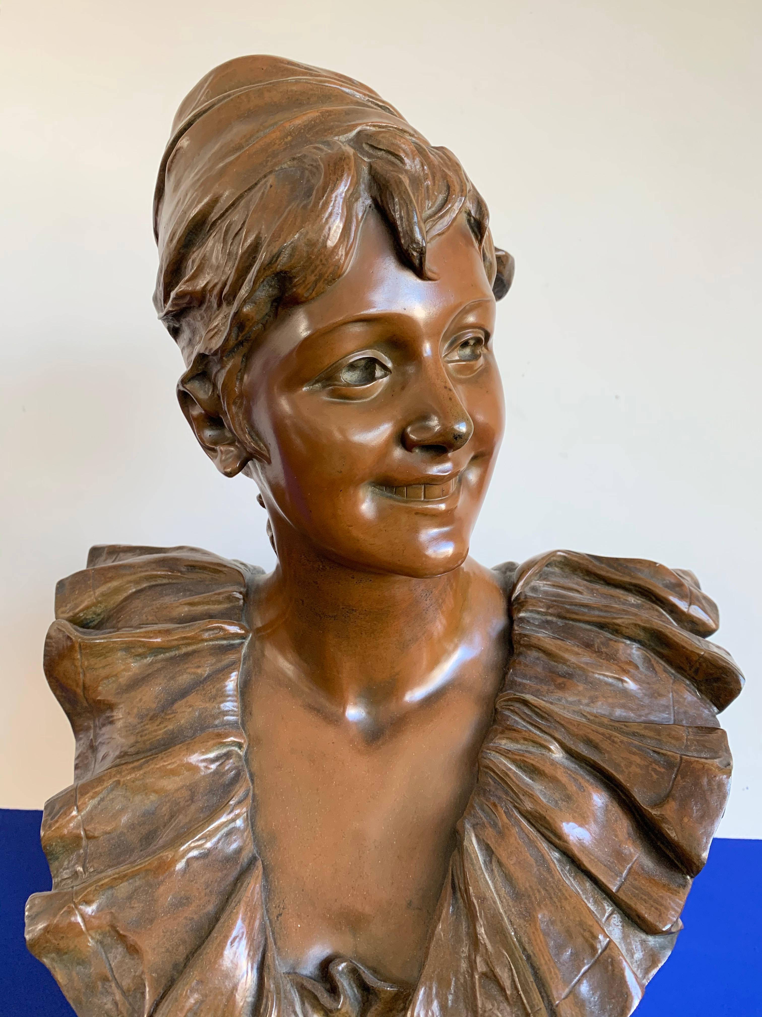 Large Art Nouveau Bronze Lady Bust Sculpture by Georges Van der Straeten, Paris For Sale 10