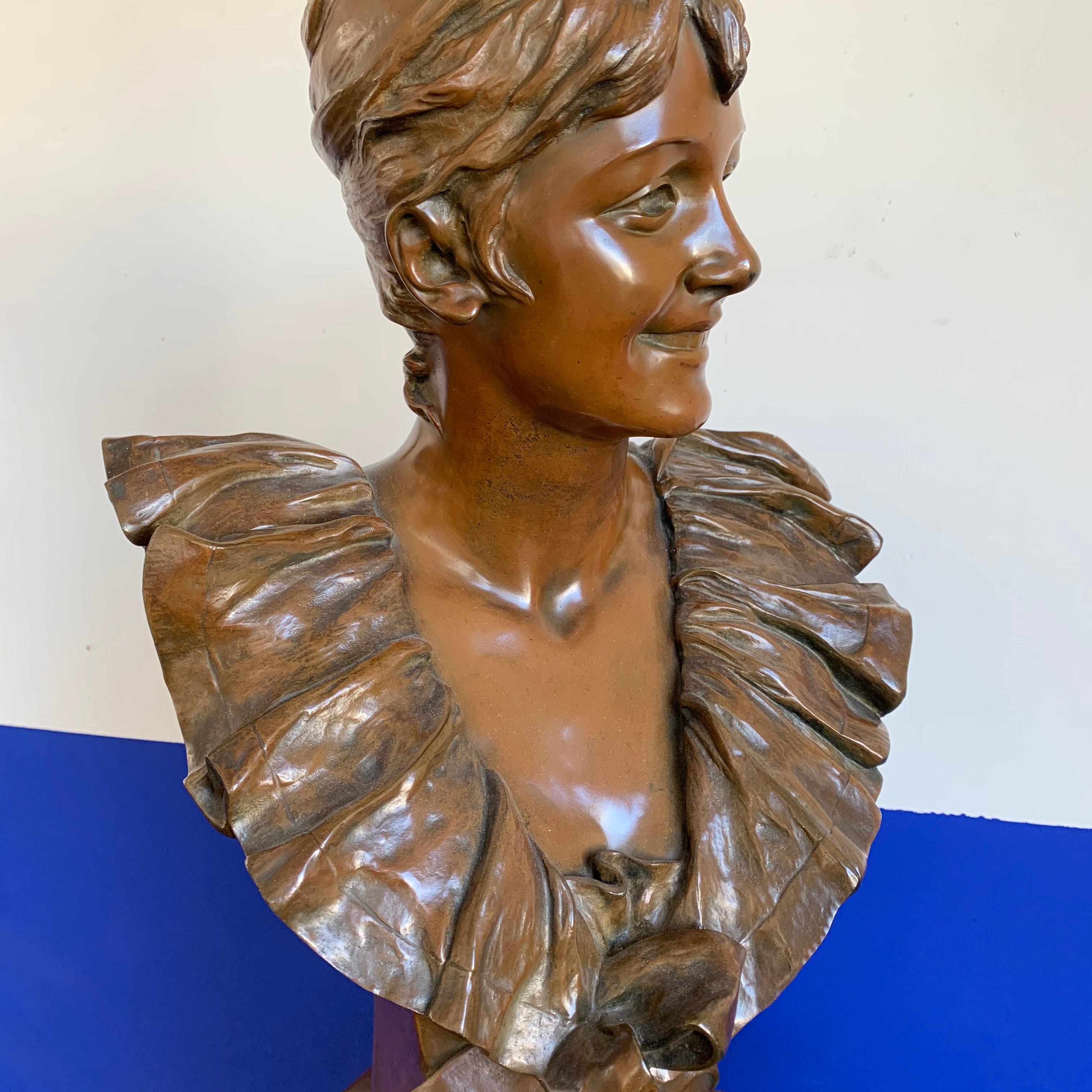 19th Century Large Art Nouveau Bronze Lady Bust Sculpture by Georges Van der Straeten, Paris For Sale