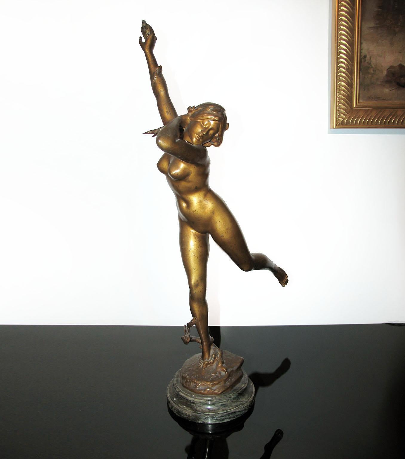 Jules Alfred Alexandre Dercheu (1864-1912), Daphné followed by Apollo.

Bronze statuette with yellow, brown and gold patina, signed to the base, mounted on a round plinth of sea-green marble. 
Very good original condition. 
Measures: Height 58