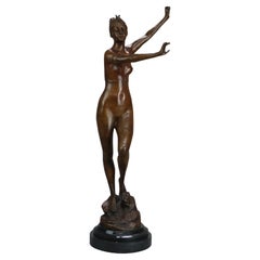 Large Art Nouveau Bronze Sculpture of Nude Woman on Black Marble Base 20thC