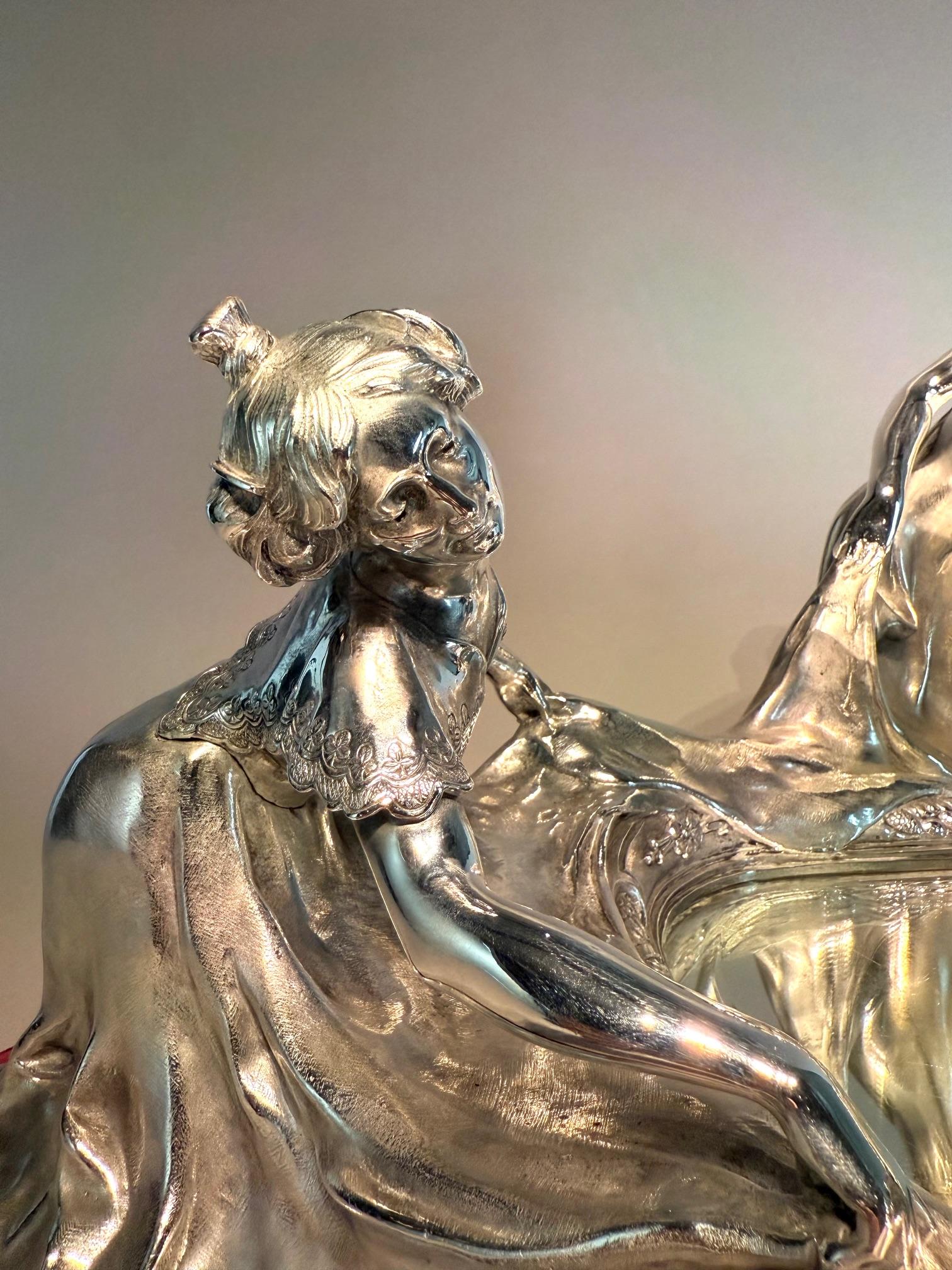 Austrian Large Art Nouveau bronze Silver-Plated Centerpiece. Circa 1900s. For Sale
