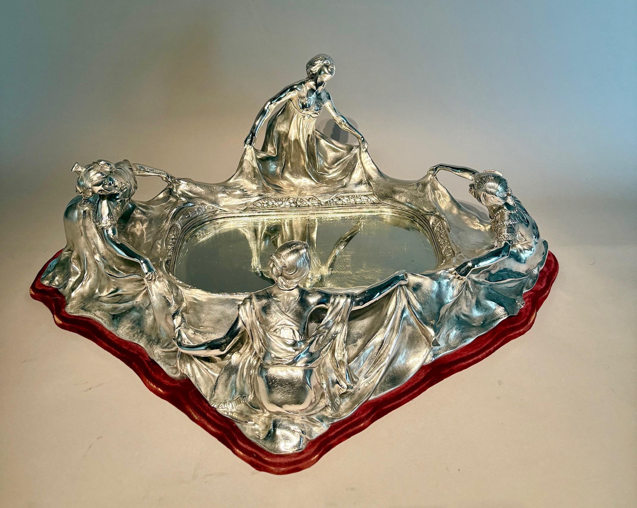 Early 20th Century Large Art Nouveau bronze Silver-Plated Centerpiece. Circa 1900s. For Sale
