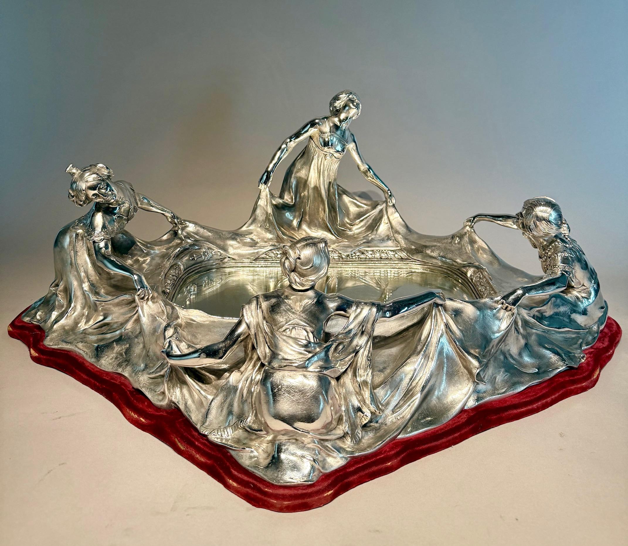 Large Art Nouveau bronze Silver-Plated Centerpiece. Circa 1900s. For Sale 2