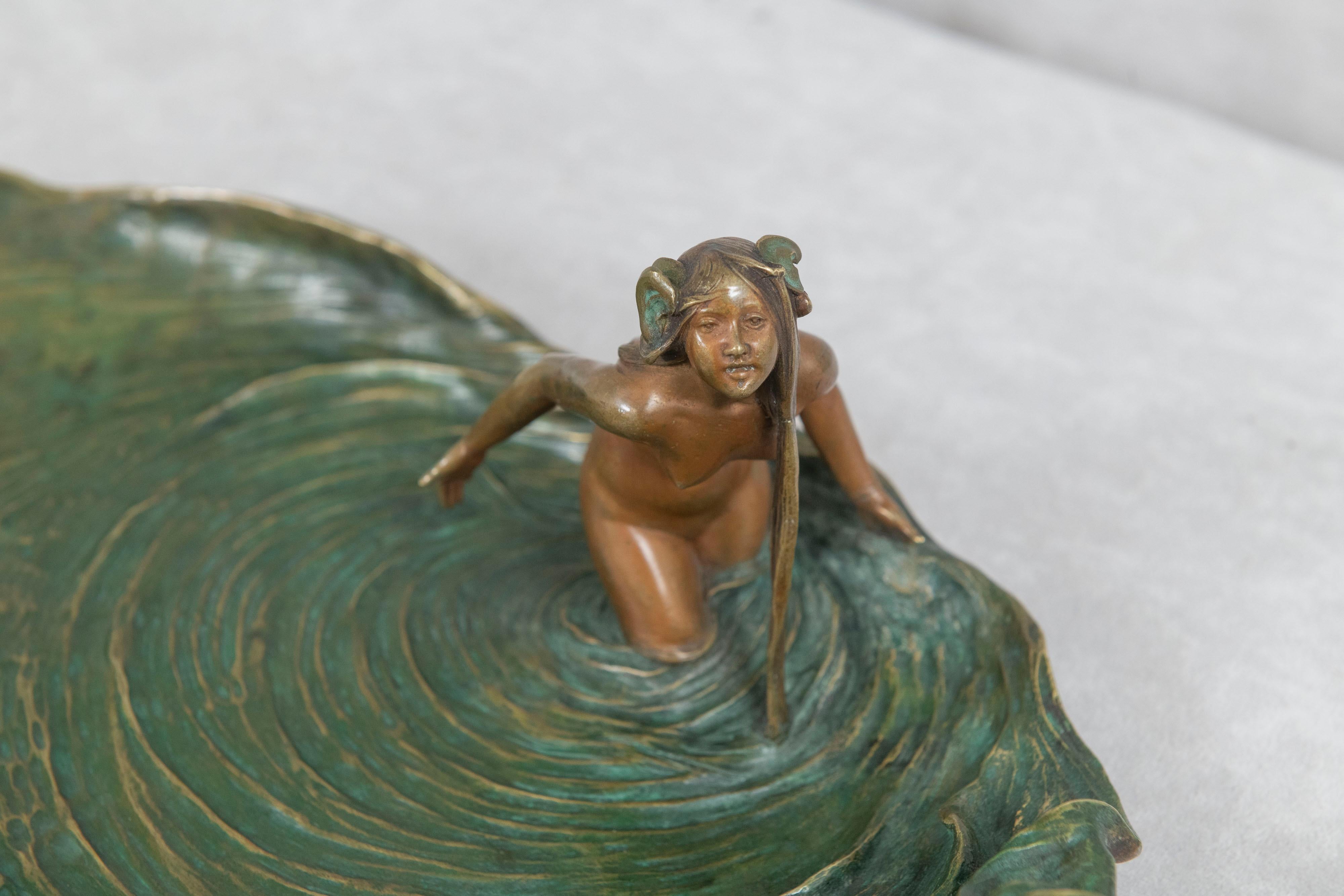 Austrian Large Art Nouveau Bronze Tray, 2 Young Nude Women Wading in the Water w/ Frog