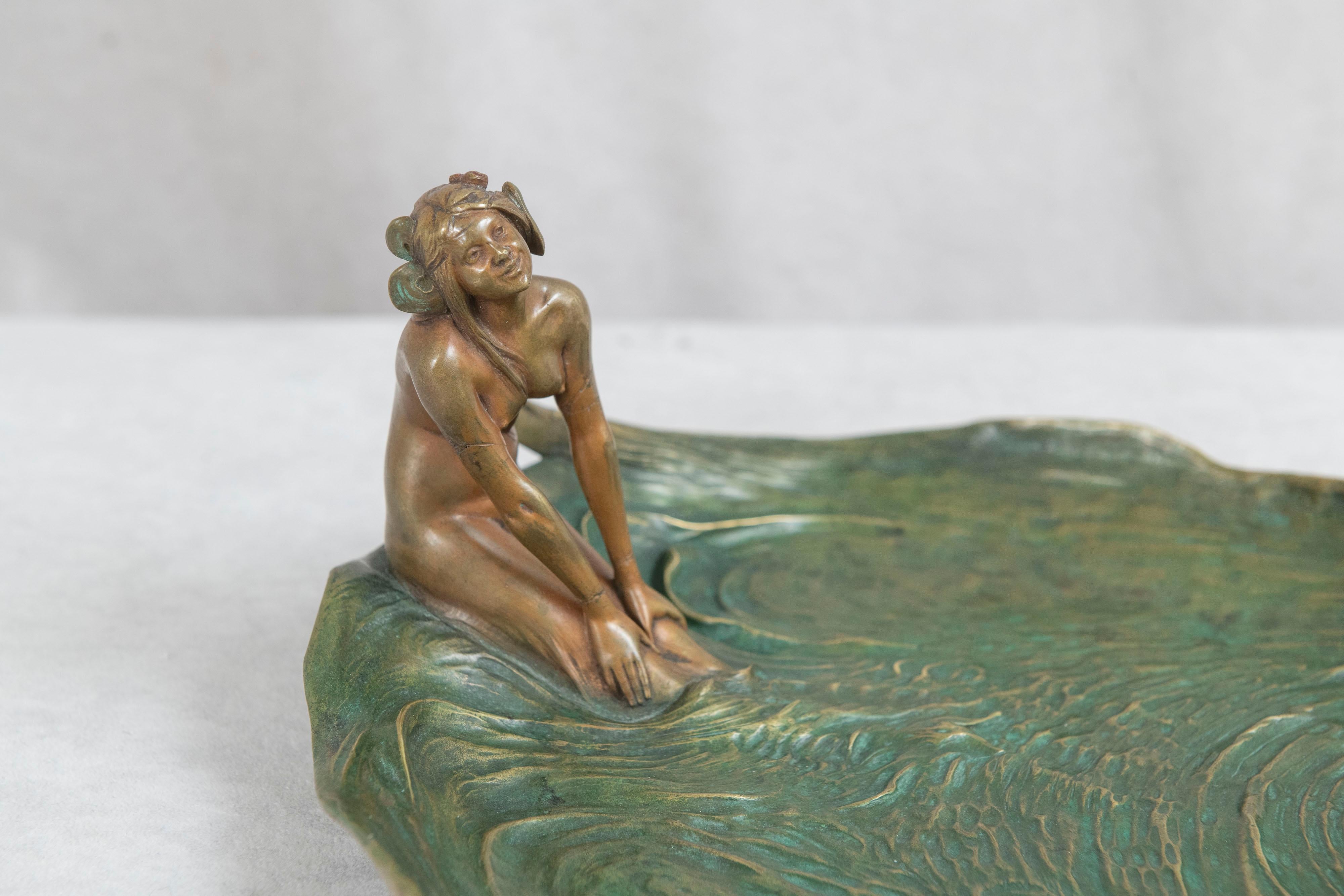 Patinated Large Art Nouveau Bronze Tray, 2 Young Nude Women Wading in the Water w/ Frog