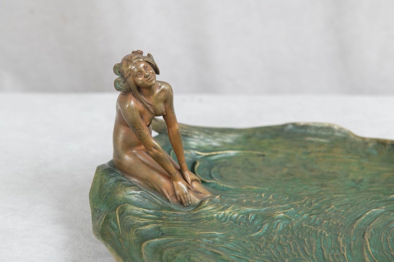 Patinated Large Art Nouveau Bronze Tray, 2 Young Nude Women Wading in the Water w/ Frog For Sale
