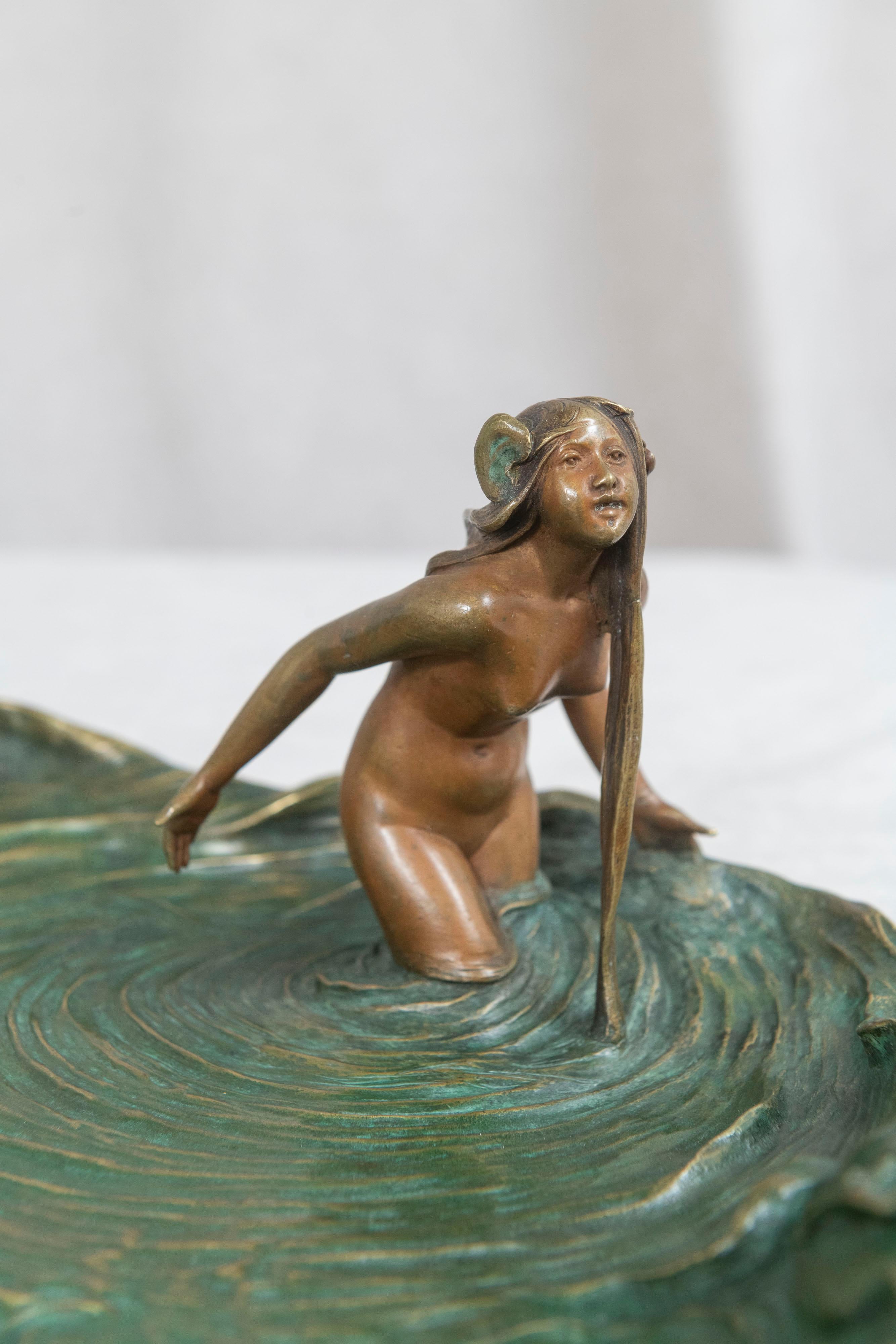 Early 20th Century Large Art Nouveau Bronze Tray, 2 Young Nude Women Wading in the Water w/ Frog