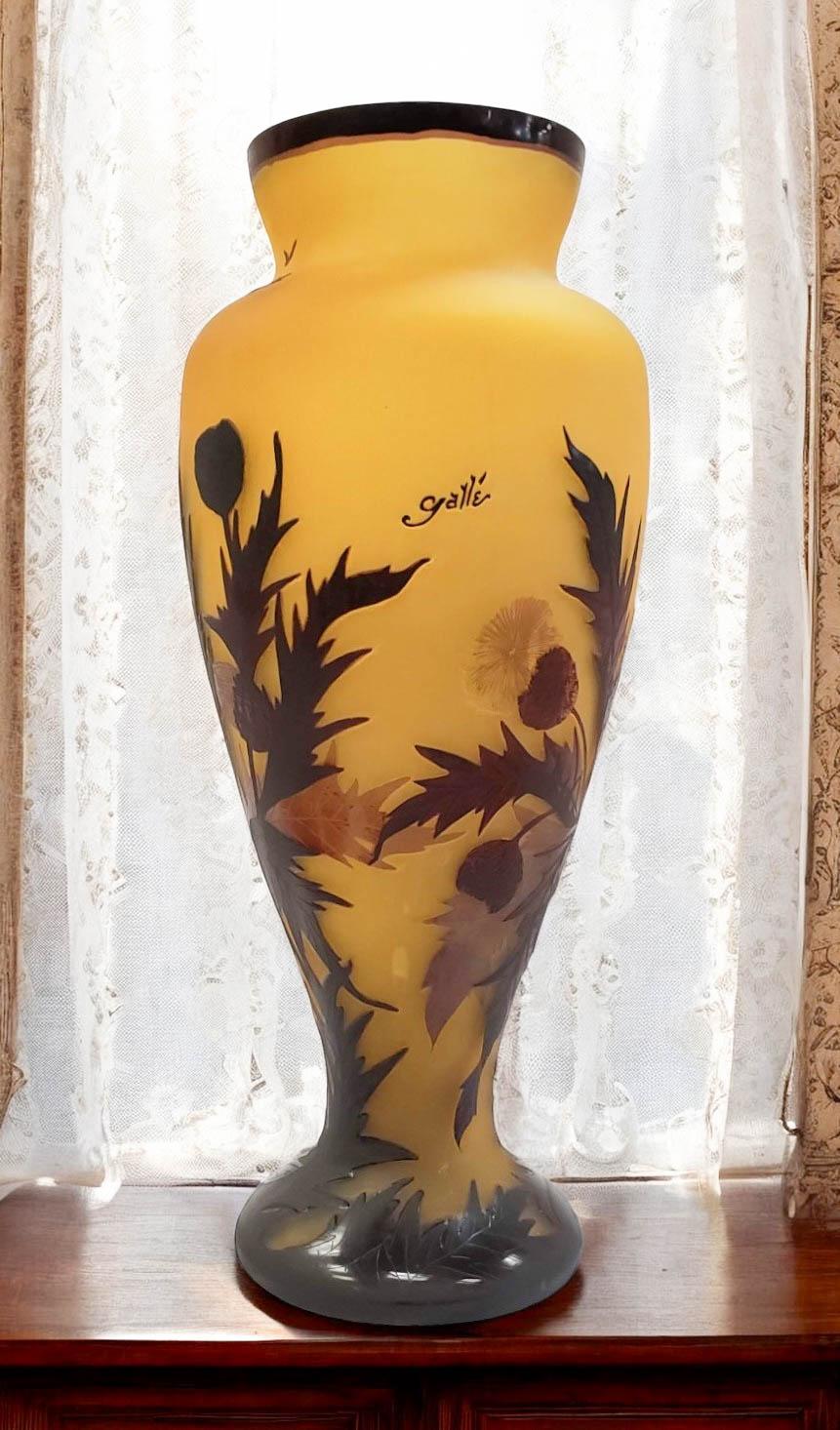 Questo squisito vaso cammeo di Émile Gallé presenta una ricca tonalità ambrata con un disegno ad alto rilievo di foglie e fiori. I dettagli intricati e le sottili variazioni di colore esemplificano la rinomata abilità artigianale di Gallé. Questo
