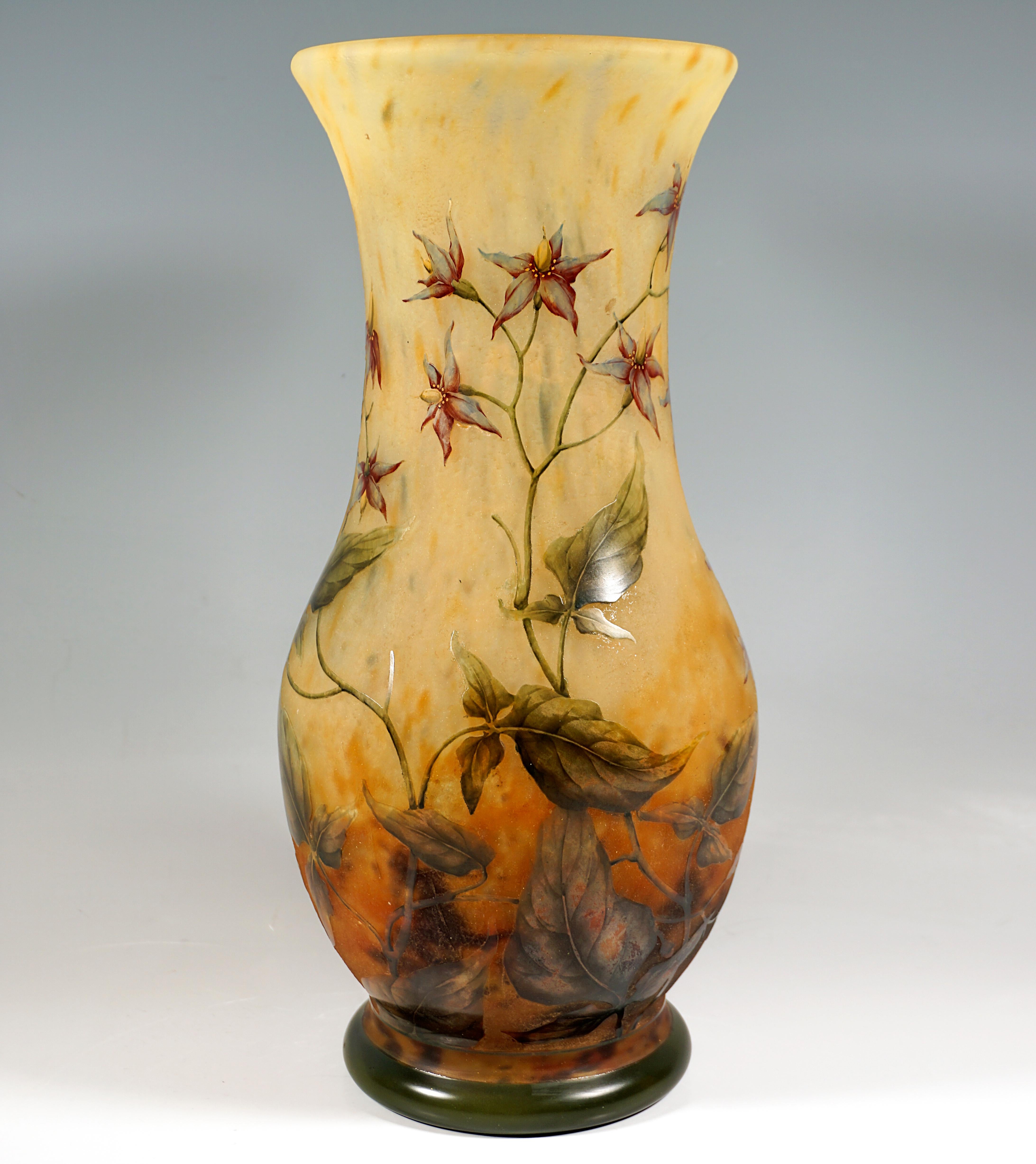 Large baluster vase on a separate stand, bulbous walls widening at the top towards the opening, colorless glass with flaky white and yellowish, yellow-orange, in the stand area with dark brown-violet powder inclusions, with etched and painted in