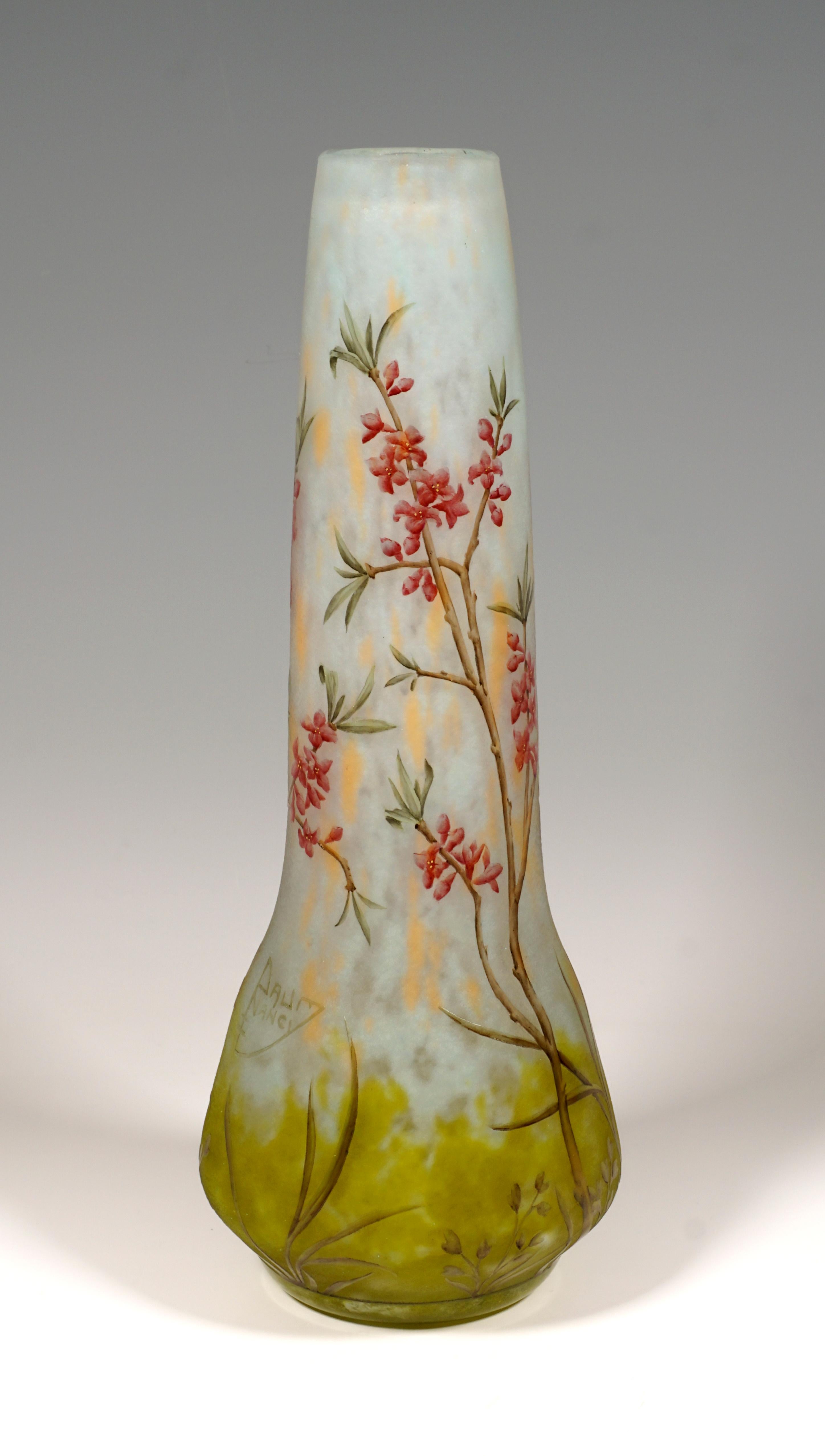 Large long neck vase vase with a bulbous base and a round stand and a neck that tapers towards the top, colorless glass with flaky white and yellow, in the stand area with light green powder melts, with etched delicate Daphne decor painted in