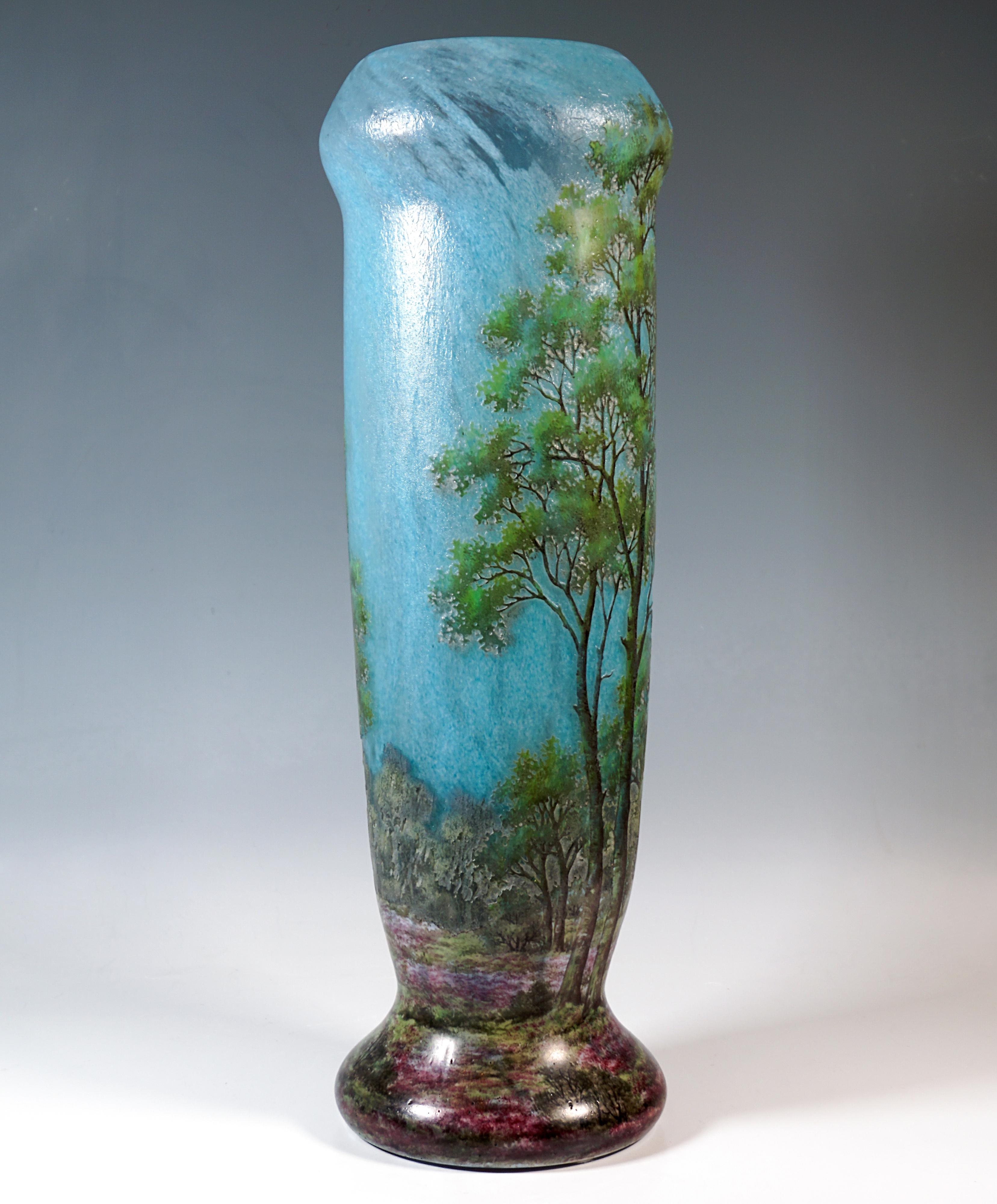 French Large Art Nouveau Cameo Vase With Spring Landscape, Daum Nancy, France, Ca 1910 For Sale