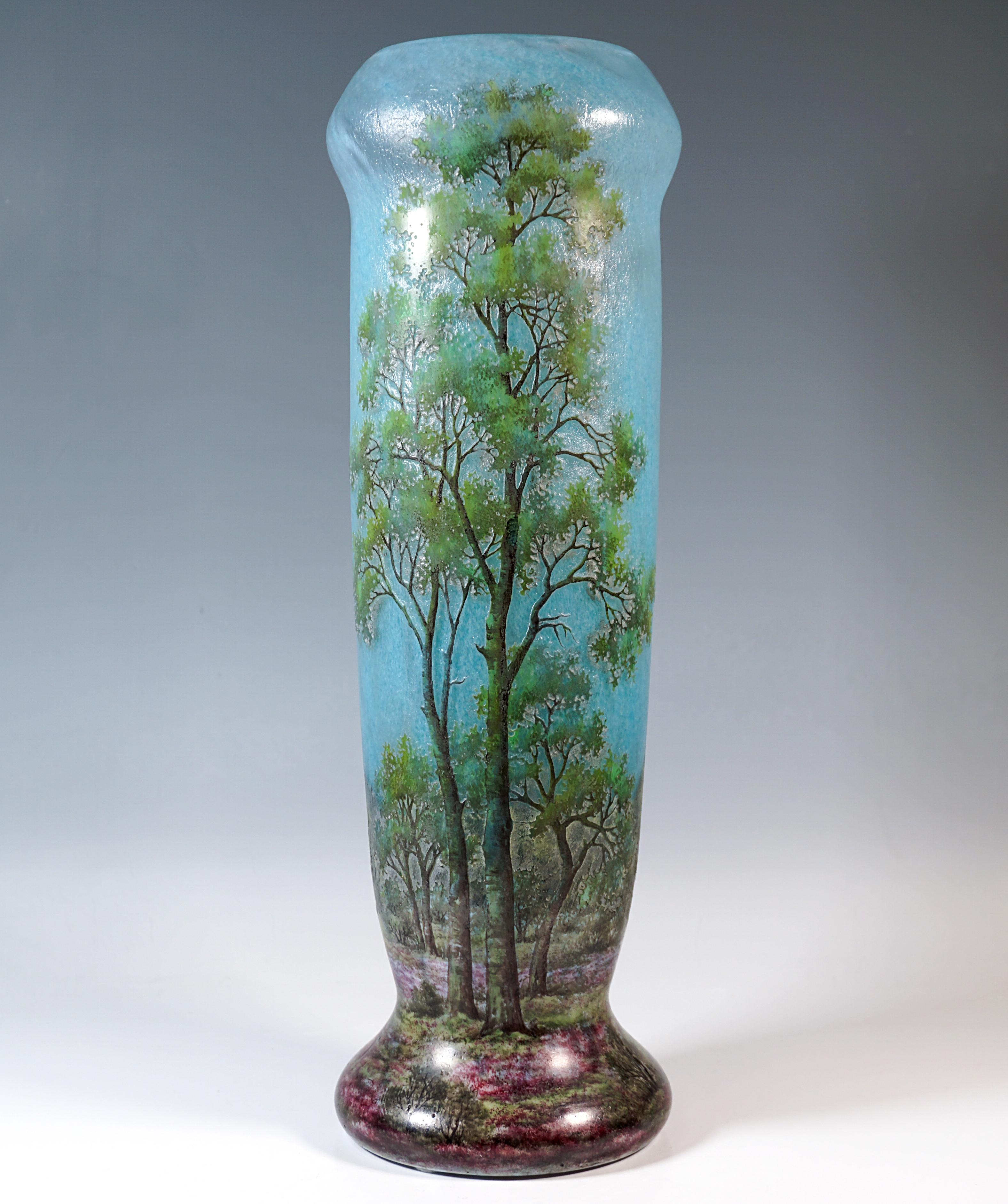 Etched Large Art Nouveau Cameo Vase With Spring Landscape, Daum Nancy, France, Ca 1910 For Sale