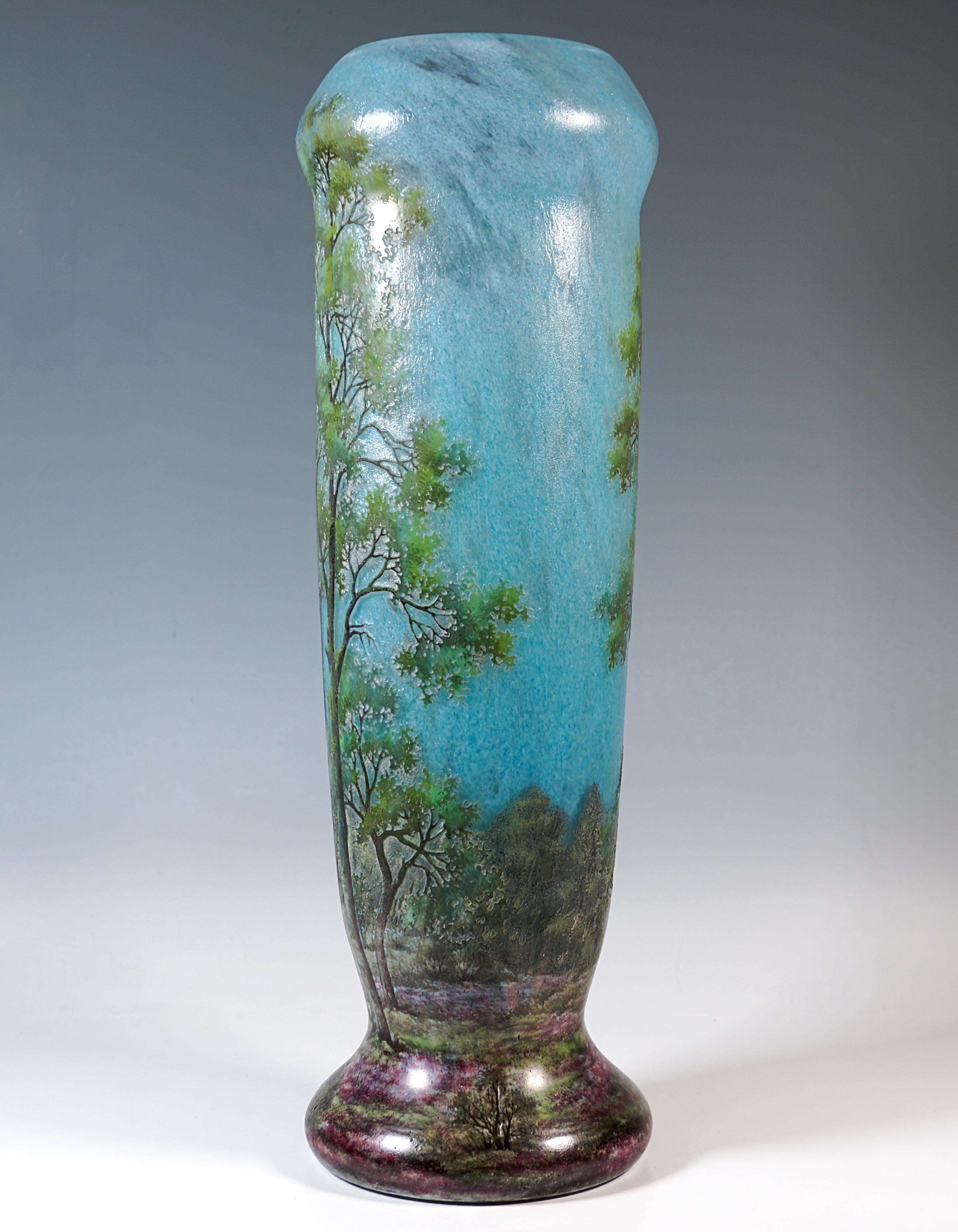 Large Art Nouveau Cameo Vase With Spring Landscape, Daum Nancy, France, Ca 1910 In Good Condition For Sale In Vienna, AT