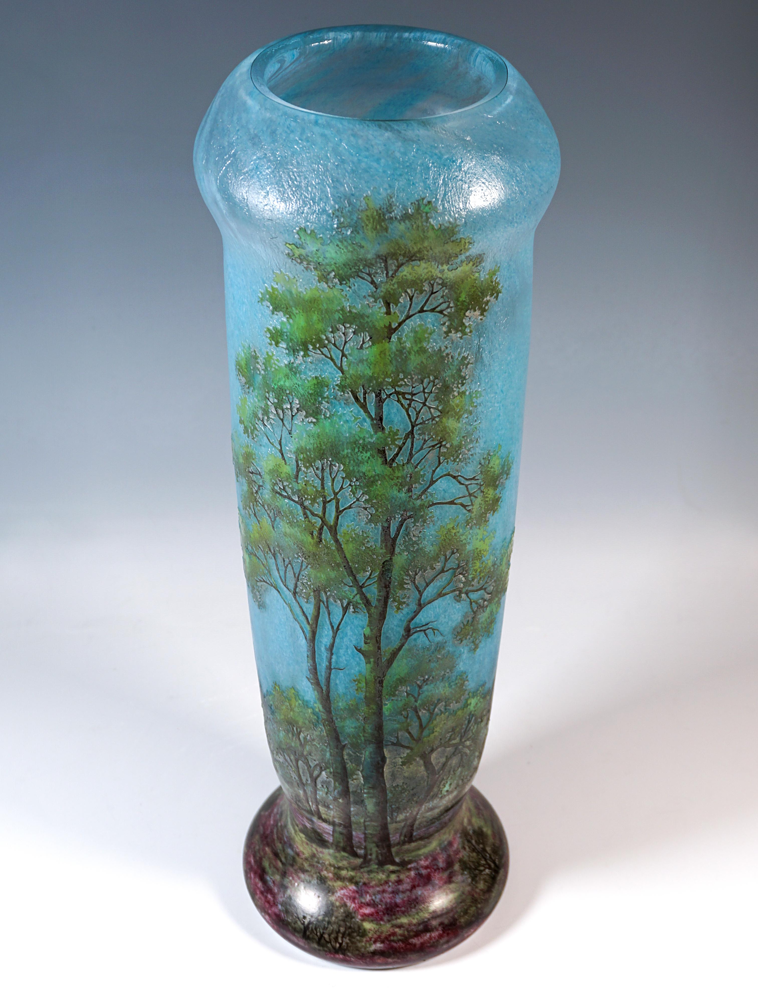 Early 20th Century Large Art Nouveau Cameo Vase With Spring Landscape, Daum Nancy, France, Ca 1910 For Sale