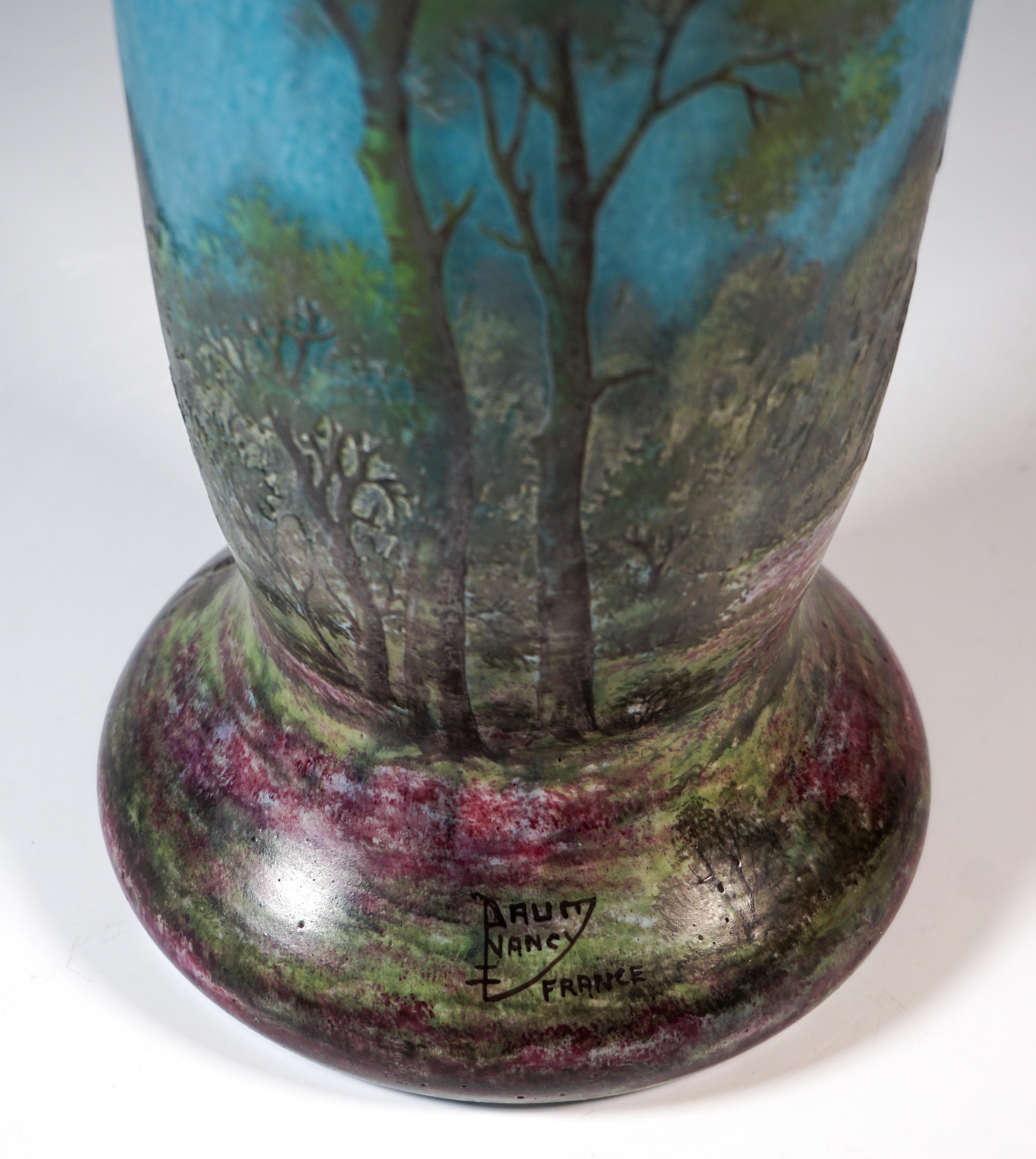 Glass Large Art Nouveau Cameo Vase With Spring Landscape, Daum Nancy, France, Ca 1910 For Sale