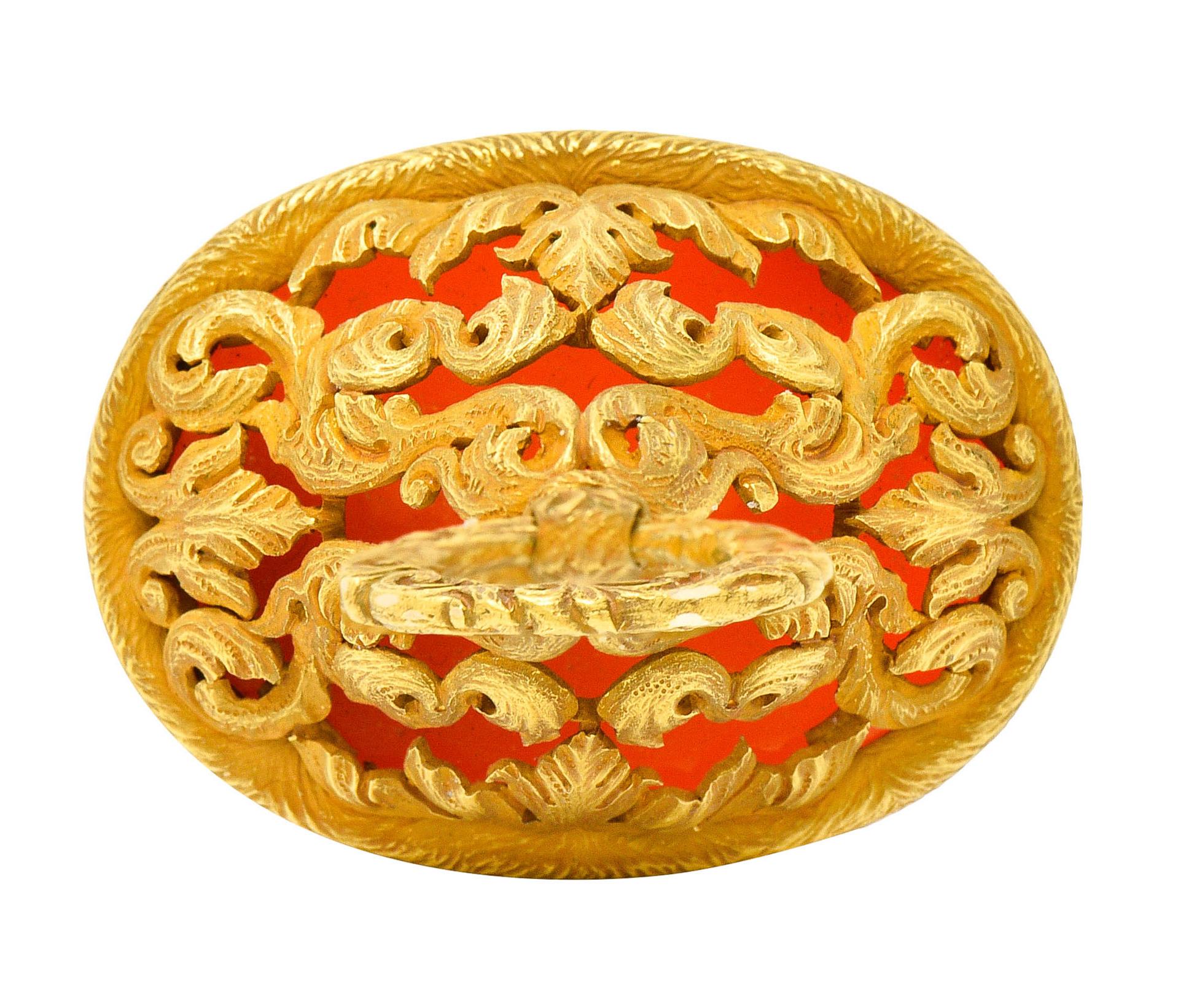 Large Art Nouveau Carnelian Intaglio 18 Karat Gold Whiplash Heraldry Fob Pendant 5